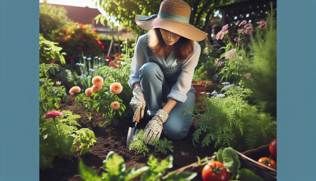 A woman in a sunhat working in a garden with a gardening trowel in one hand
