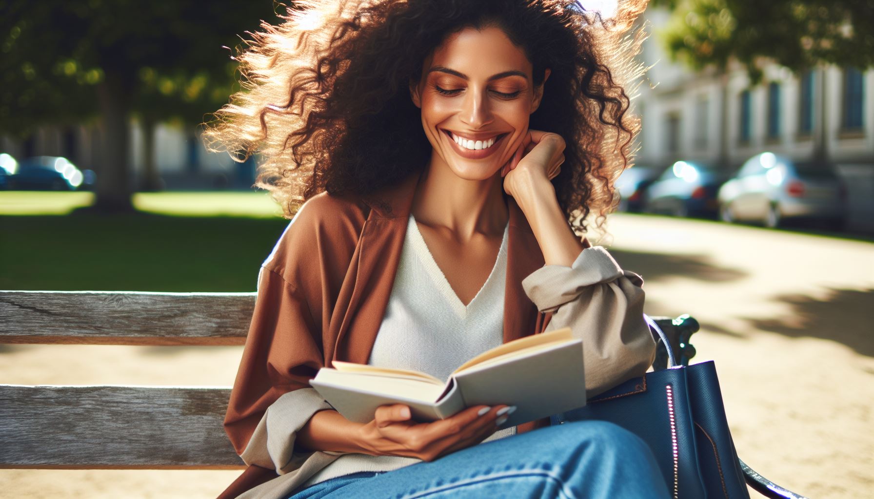 A smiling middle aged woman reading a book outside