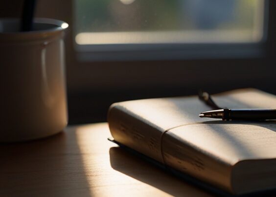a journal and pen sitting on a desk in front of a window with a cup to the side