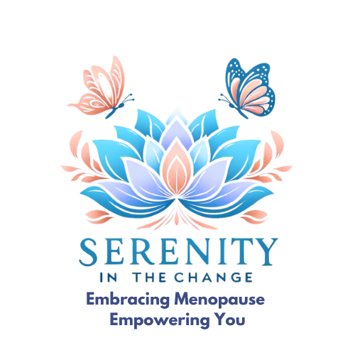 Logo for Serenity in The Change. It is a cartoon lotus flower with two butterflies flying above