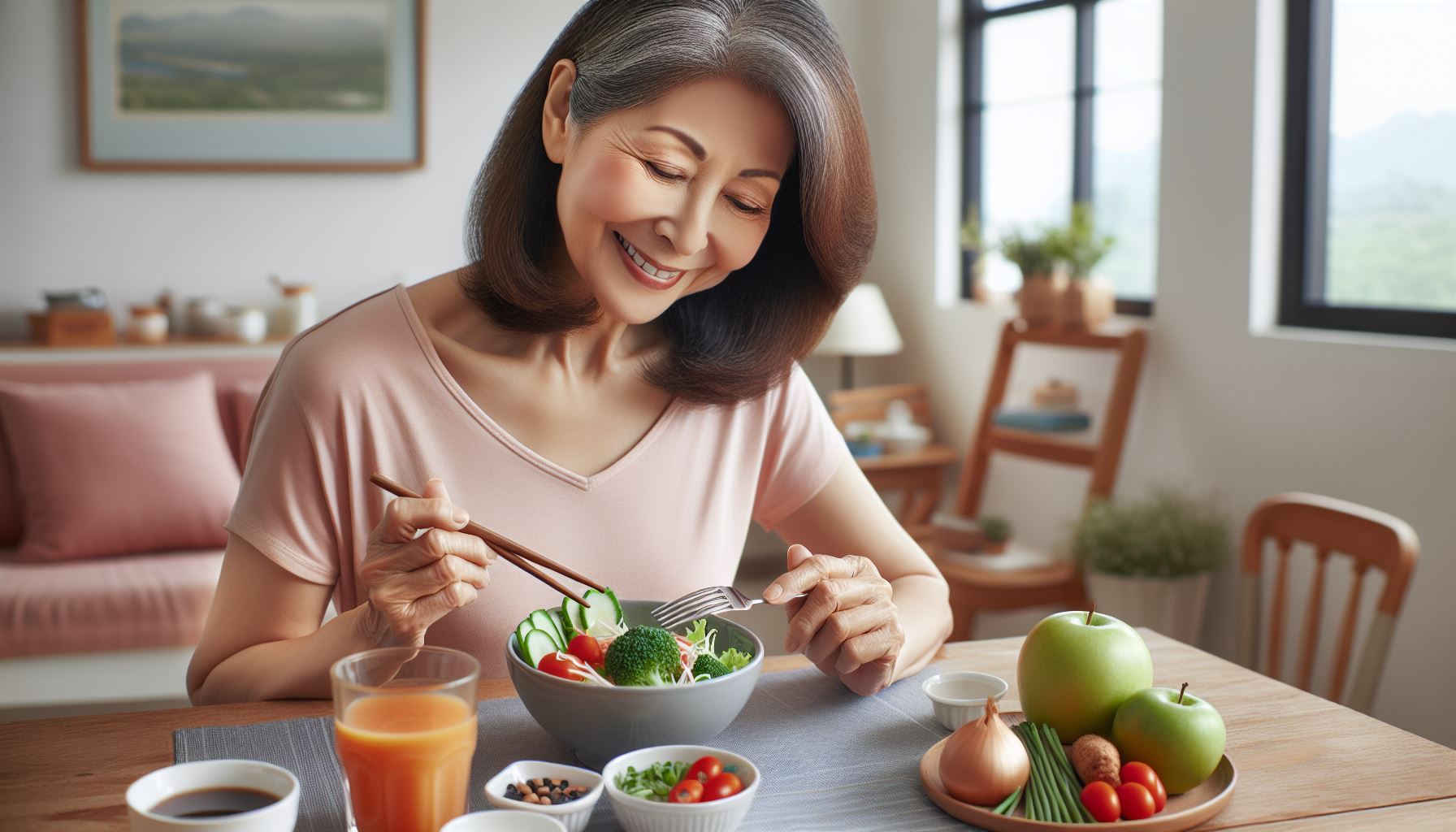 a middle aged woman smiling, sitting at a table and eating fruits and vegetables