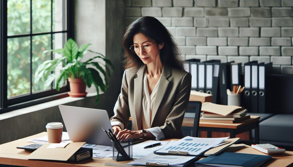 A middle aged woman sitting at a desk in an office working on a laptop