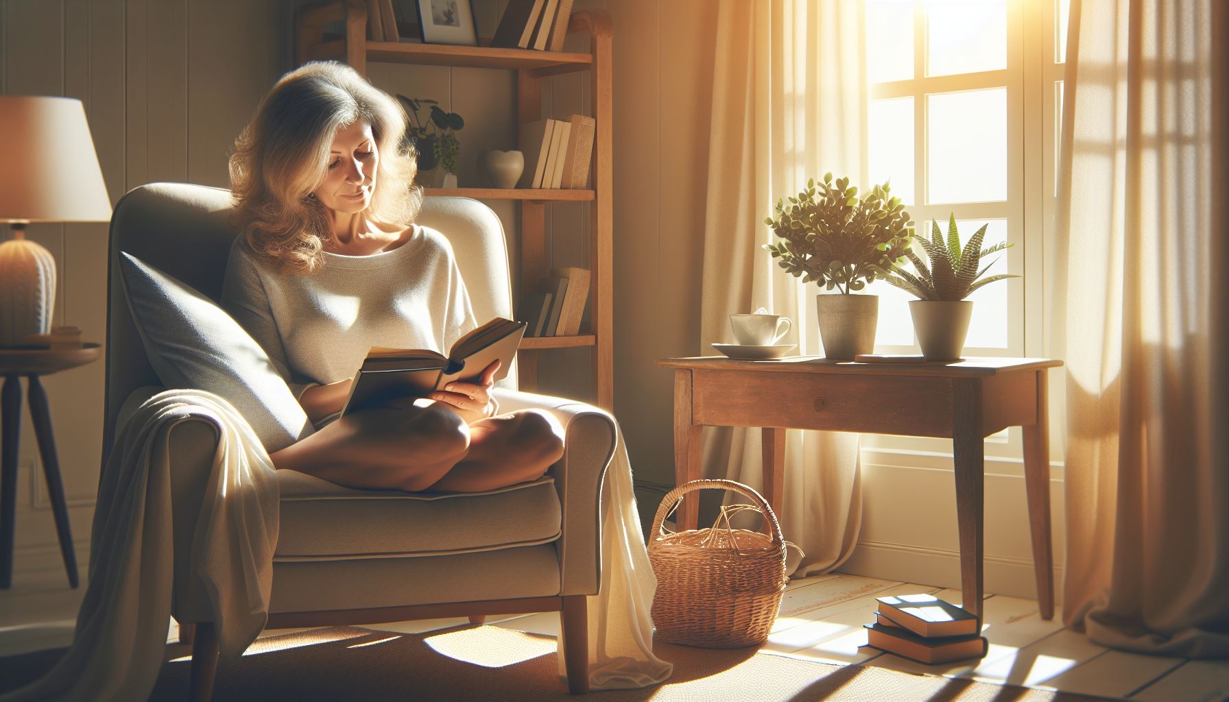 A middle-aged woman sitting while reading a book