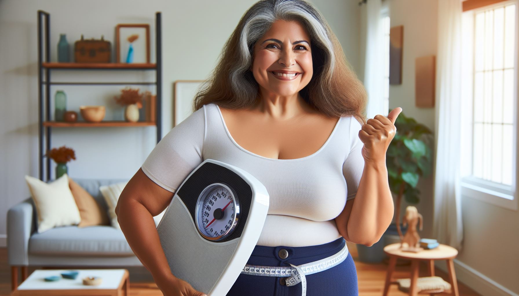An older slightly overweight woman smiling, holding a scale, and giving a thumbs up