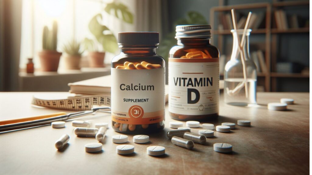 A bottle of Calcium supplements and a bottle of Vitamin D supplements sitting on a table surrounded by loose supplements
