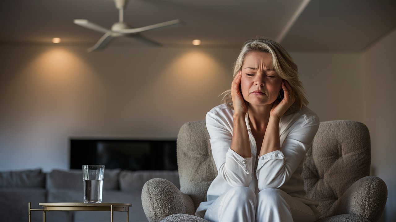 A woman in her 40s or 50s, looking uncomfortable and sweaty