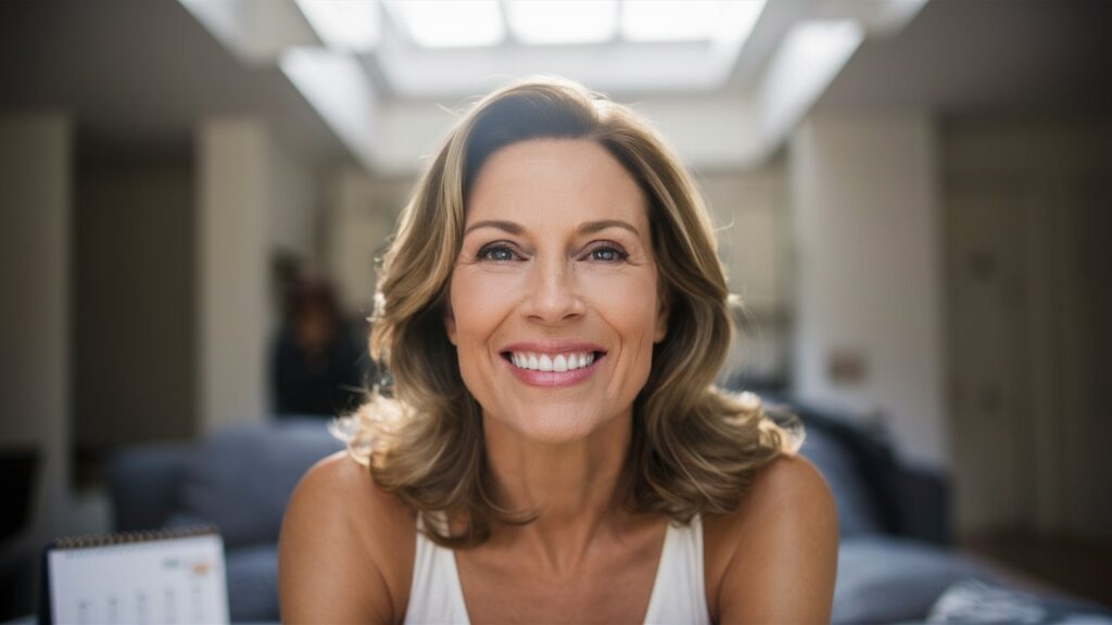 A woman smiling and looking confident, with a hot flash-free expression on her face.