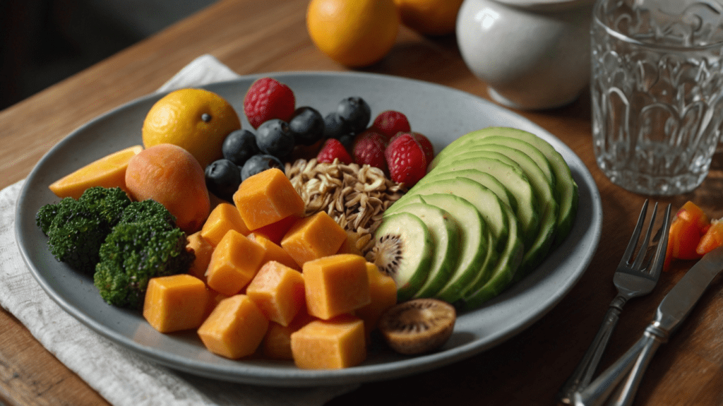 A plate of healthy fruits and vegetables, with a glass of water on the side.